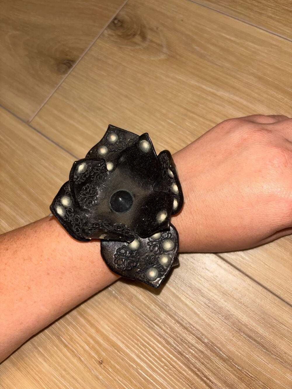 Vintage Black Leather Flower Cuff Bracelet with Floral Embossed Detailing and St